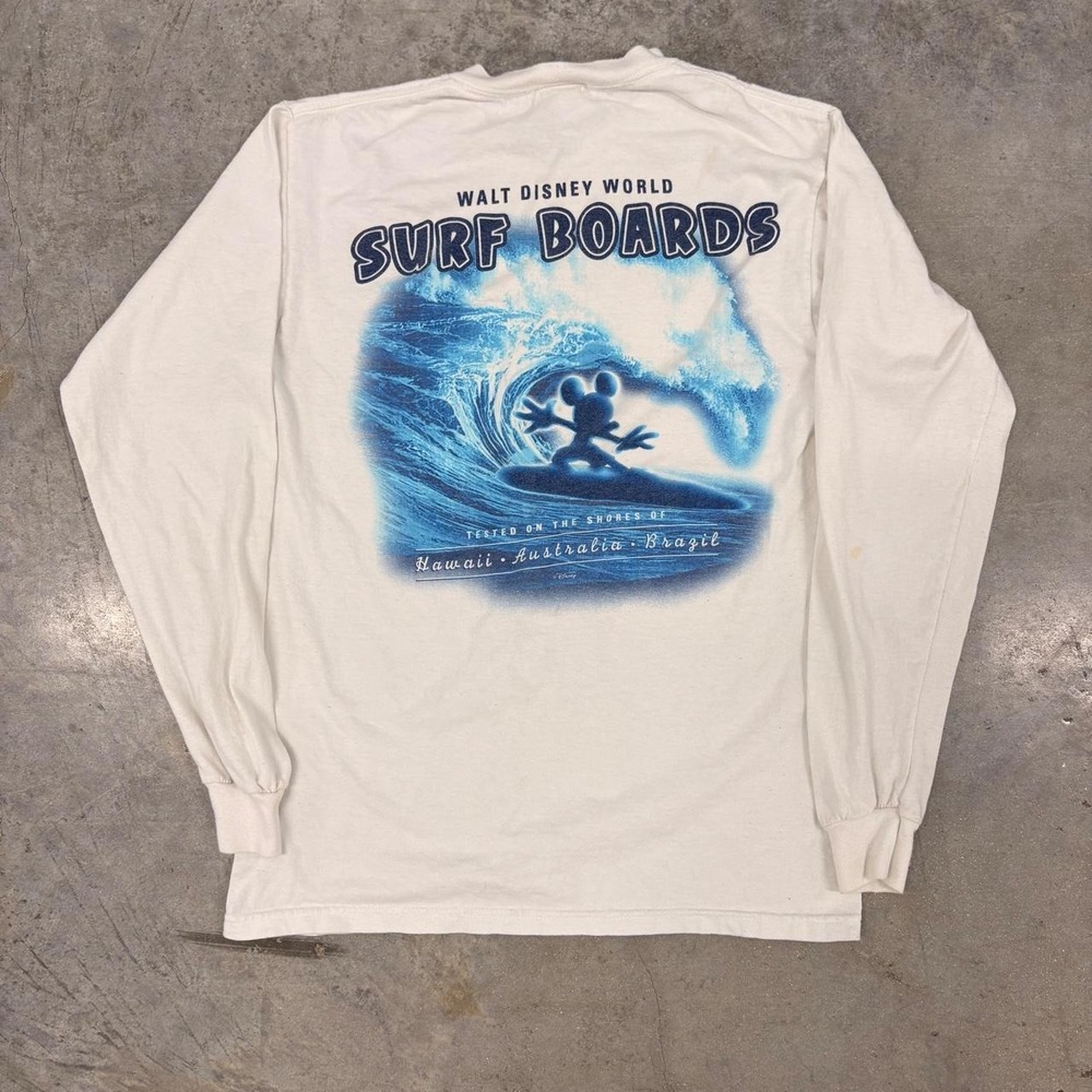 Vintage Walt Disney World Surf Boards Mickey Mouse Long Sleeve Shirt White Y2K